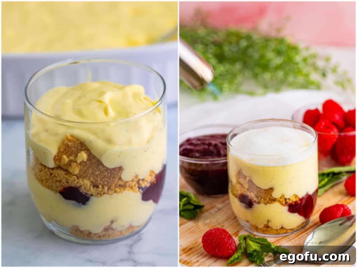 Creme Brûlée Parfaits 9 collage of two photos: layering the creme brûlée ingredients in a glass; a kitchen torch heating up the sugar on top of the creme brûlée.