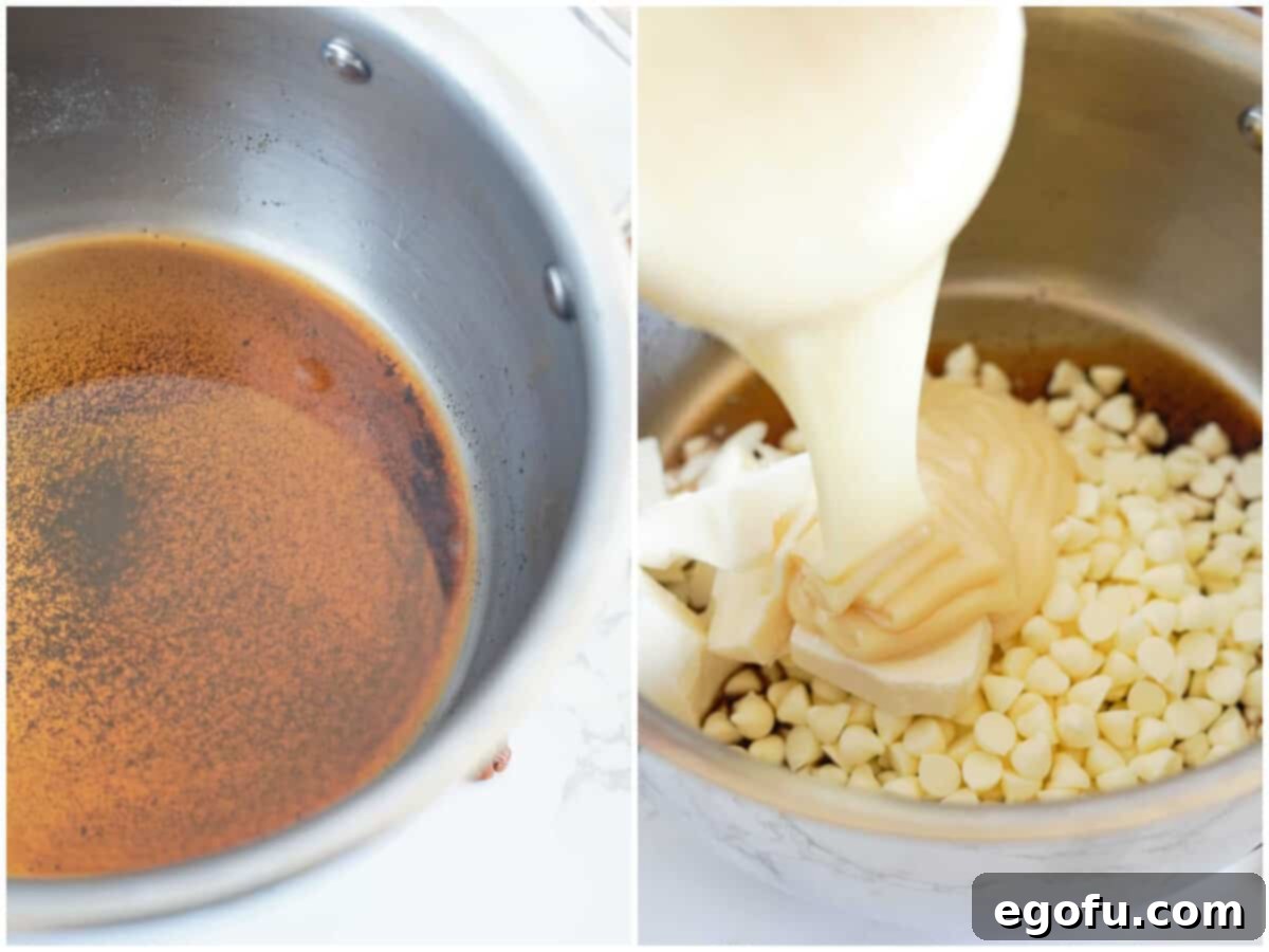 A collage of two photos: one showing butter browning in a saucepan, the other showing white chocolate chips, almond bark, and sweetened condensed milk being added to the browned butter.
