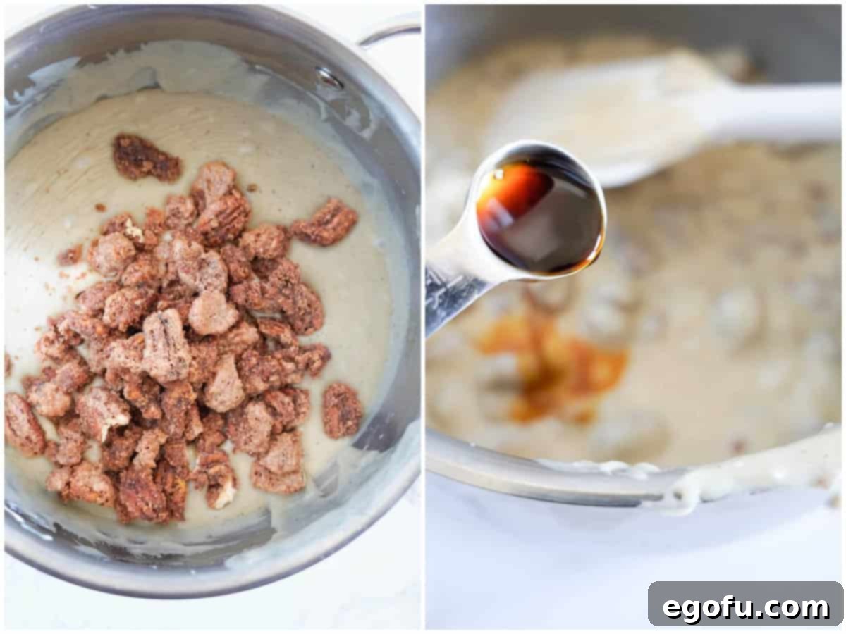 A collage of two photos: one showing candied pecans being stirred into the fudge mixture, the other showing vanilla extract being poured into the fudge mixture.