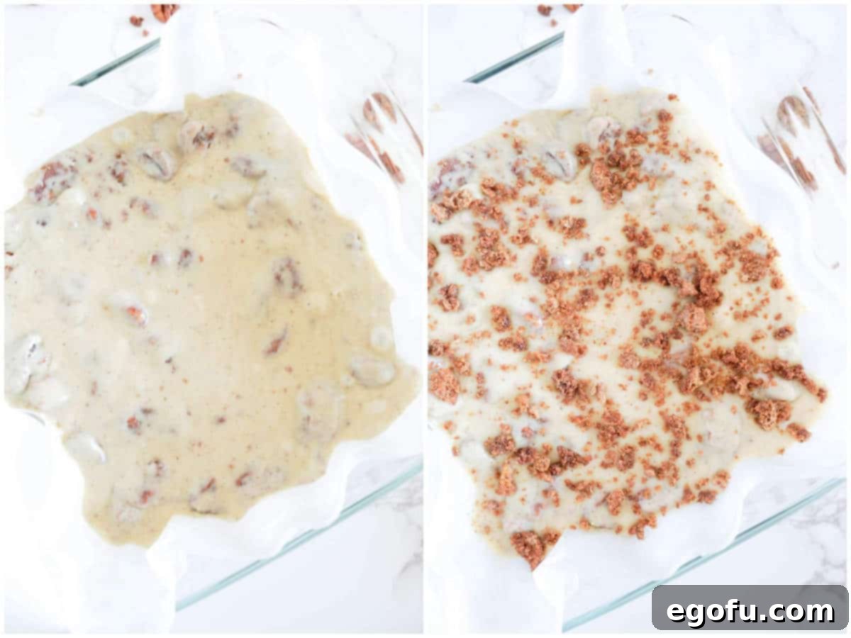 A collage of two photos: one showing fudge batter being poured into a parchment-lined dish, the other showing crushed candied pecans being sprinkled on top of the fudge.