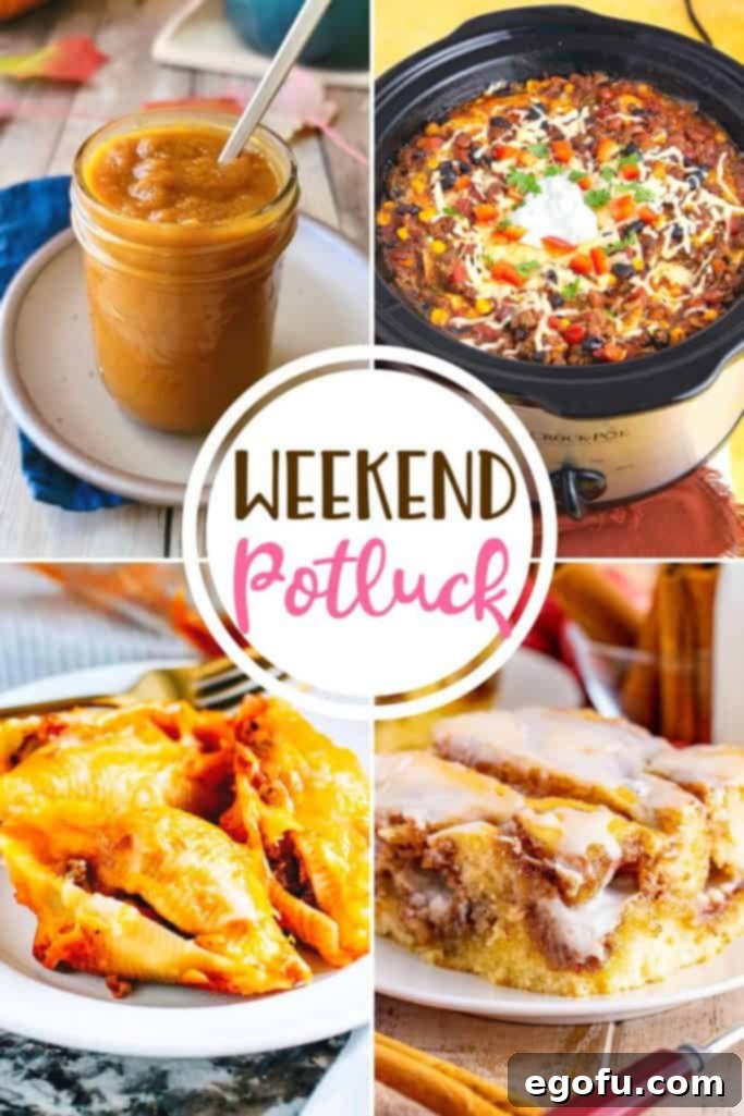 Weekend Potluck featured recipes: Pumpkin Butter, Slow Cooker Mexican Casserole, Mexican Stuffed Shells and Cinnamon Roll Cake.