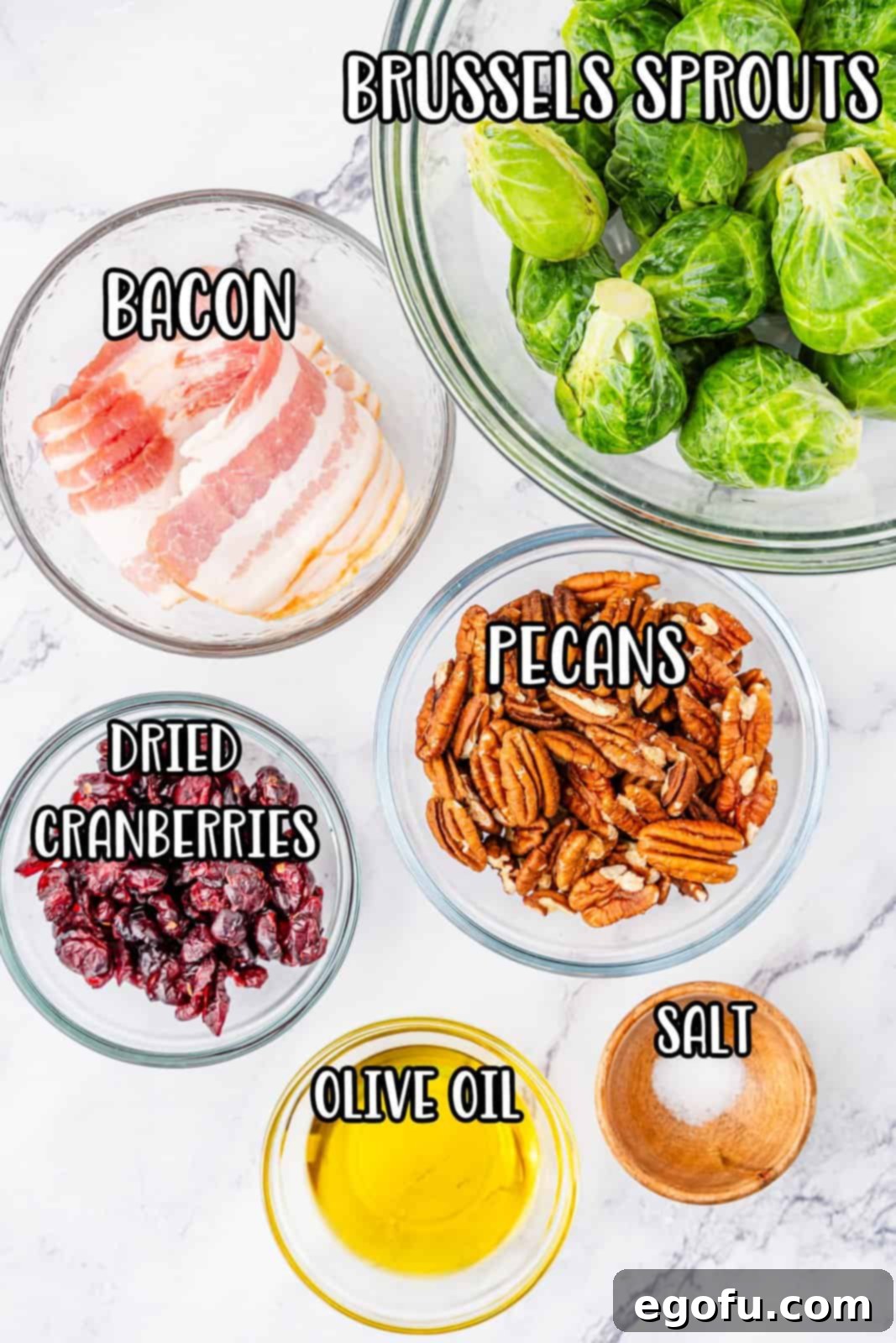Crispy Holiday Brussels Sprouts 4 A curated display of fresh Brussels sprouts, raw bacon, whole pecans, olive oil, and dried cranberries—all the essential ingredients for this festive recipe.
