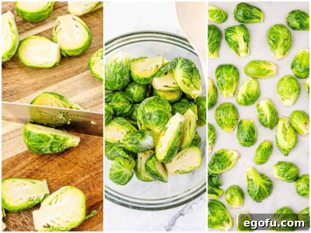 Crispy Holiday Brussels Sprouts 5 A culinary sequence showing Brussels sprouts being prepared: a knife carefully halves a sprout, sprouts are mixed with oil and salt in a bowl, and then arranged on a baking sheet for roasting.