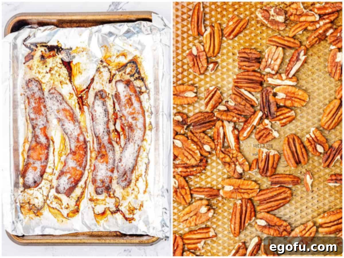 Crispy Holiday Brussels Sprouts 6 A duo of preparation shots: crispy bacon strips cooling on a baking sheet, and whole pecans being toasted to golden perfection on a separate sheet.