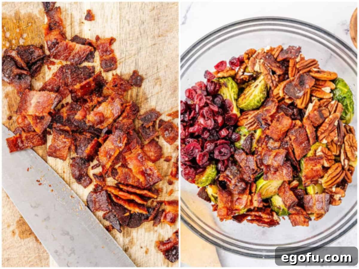 Crispy Holiday Brussels Sprouts 7 A visual guide showing the final steps: crispy bacon being chopped on a cutting board, followed by a large bowl where roasted Brussels sprouts, dried cranberries, and toasted pecans are mixed together.