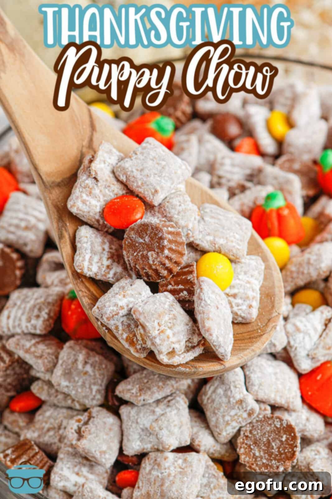 Harvest Puppy Chow Delight 3 A close-up shot of individual pieces of Thanksgiving Puppy Chow, featuring a serving spoon resting within the mix.