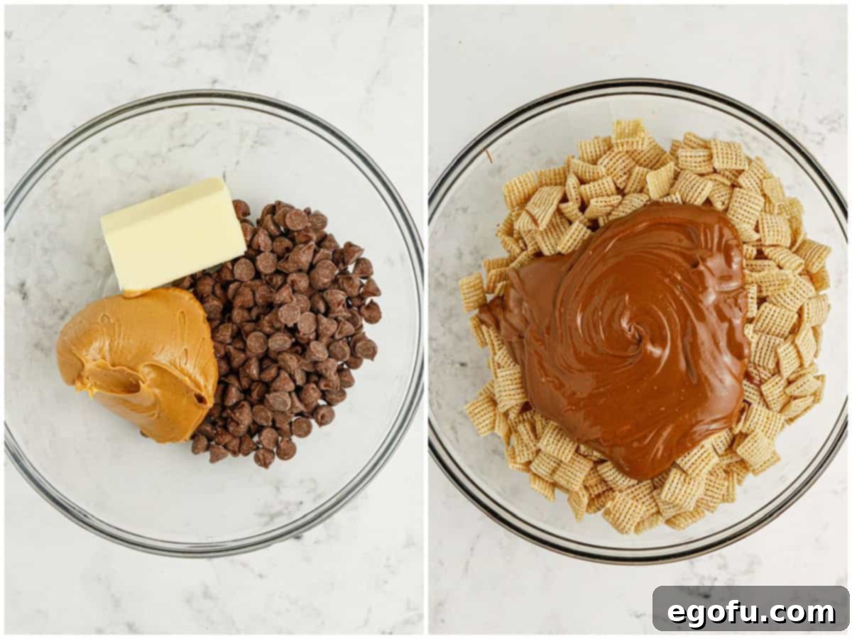Harvest Puppy Chow Delight 5 A collage of two photos: The first shows a mixing bowl with chocolate chips, peanut butter, and butter before melting. The second shows the melted chocolate mixture being poured over the Chex cereal.