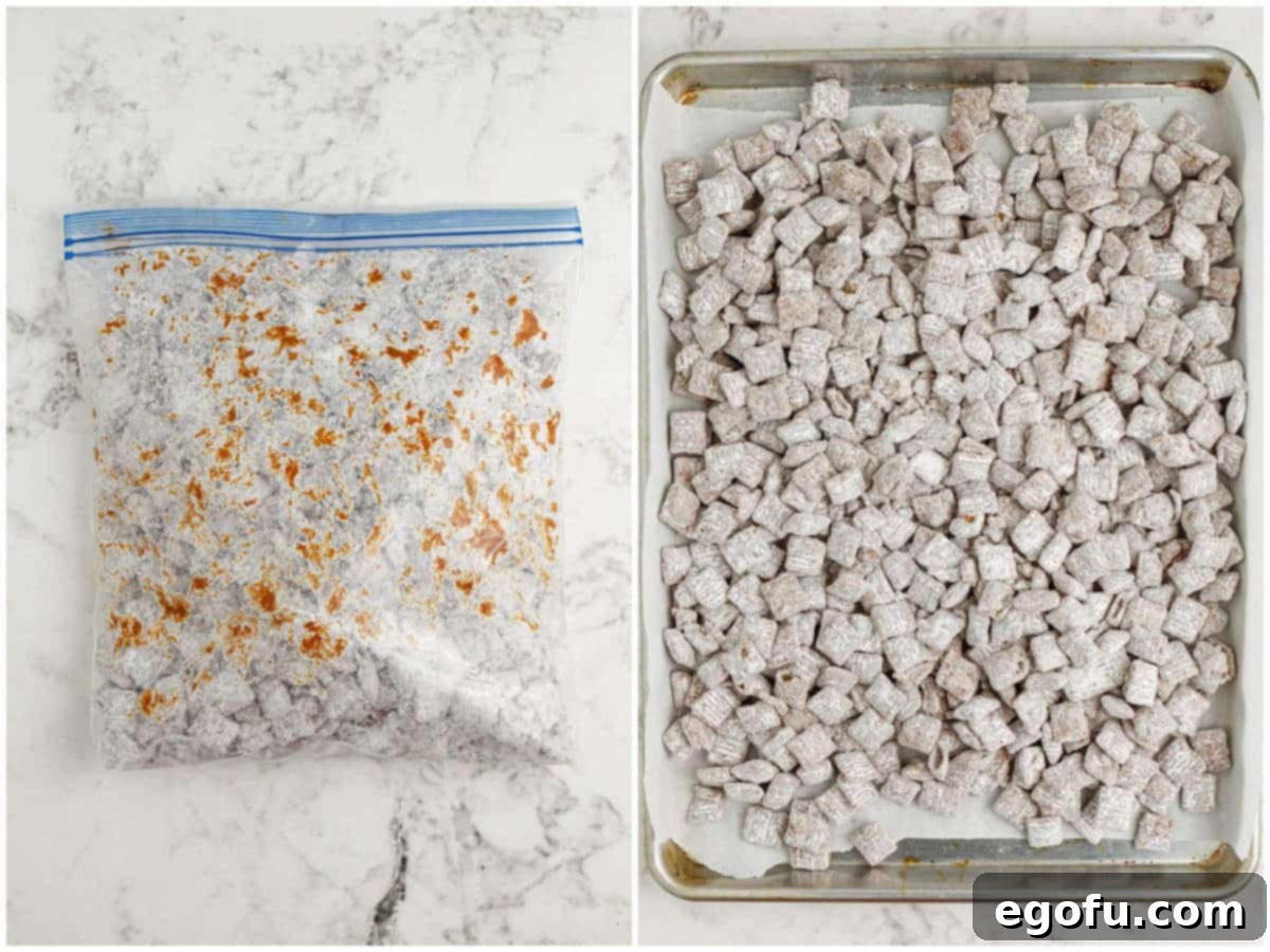 Harvest Puppy Chow Delight 6 A collage of two photos: The first depicts a Ziploc bag with powdered sugar and chocolate-coated cereal being shaken. The second shows the freshly coated puppy chow spread out on a large baking sheet to cool.