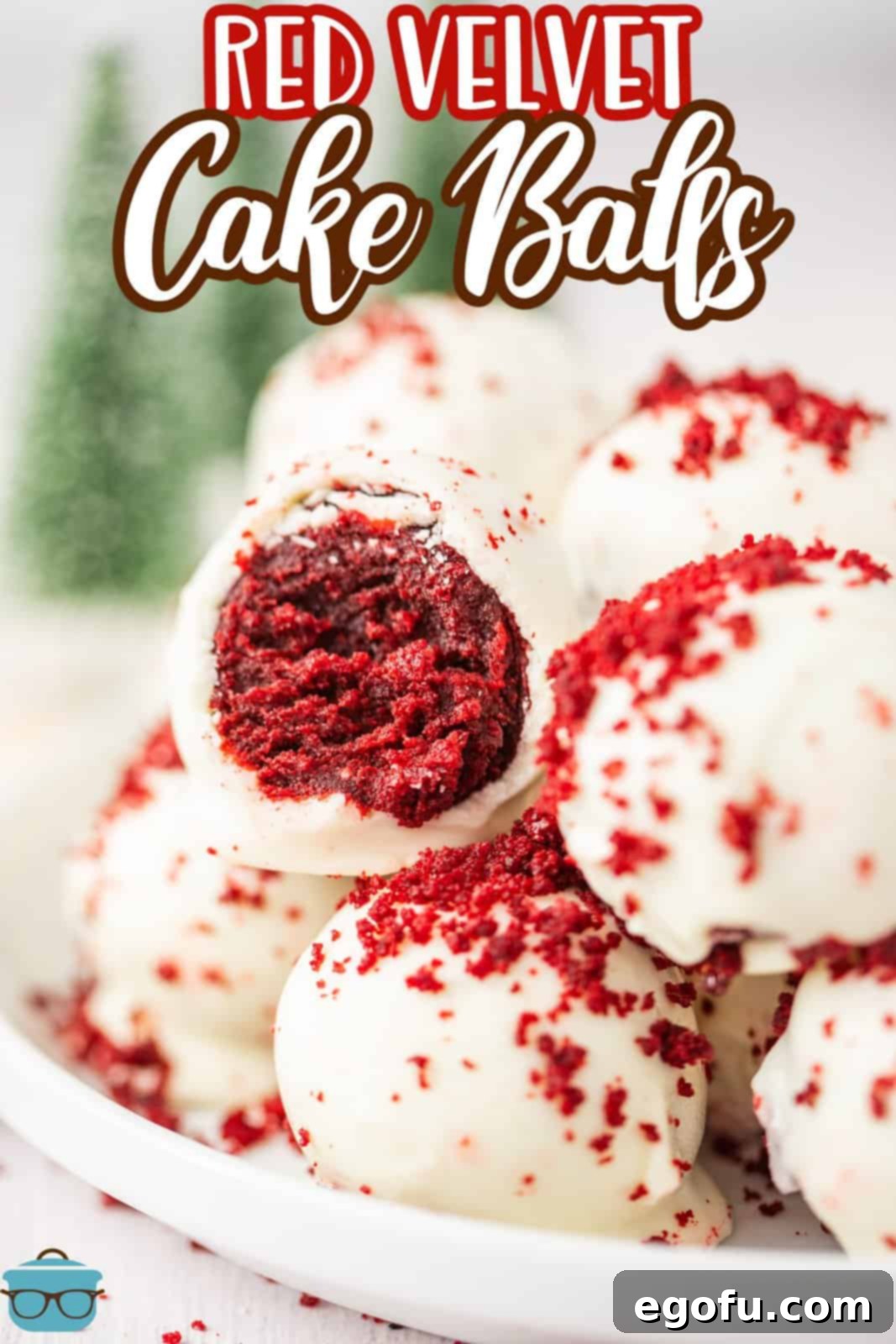 A pile of Red Velvet Cake Balls, one missing a bite.