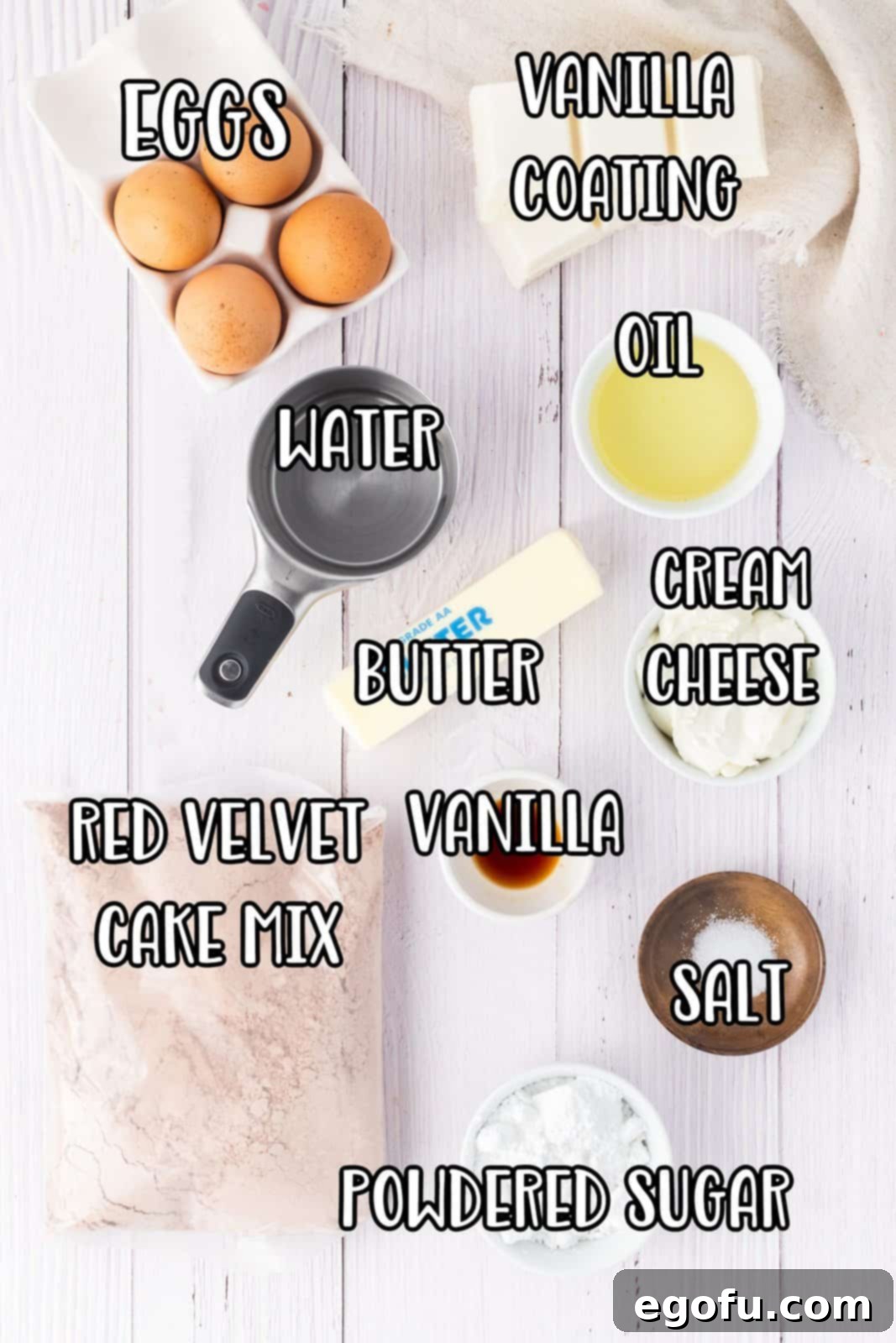 Red velvet cake mix, eggs, oil, water, cream cheese frosting, almond bark, butter, powdered sugar, salt, and vanilla extract. 