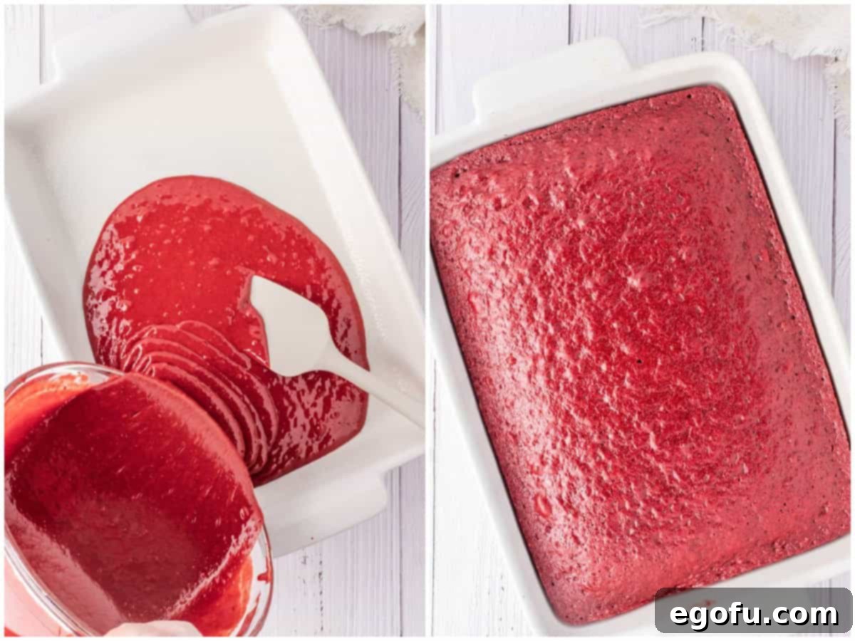 collage of two photos: cake mix being poured in a baking pan; fully baked red velvet cake in pan. 