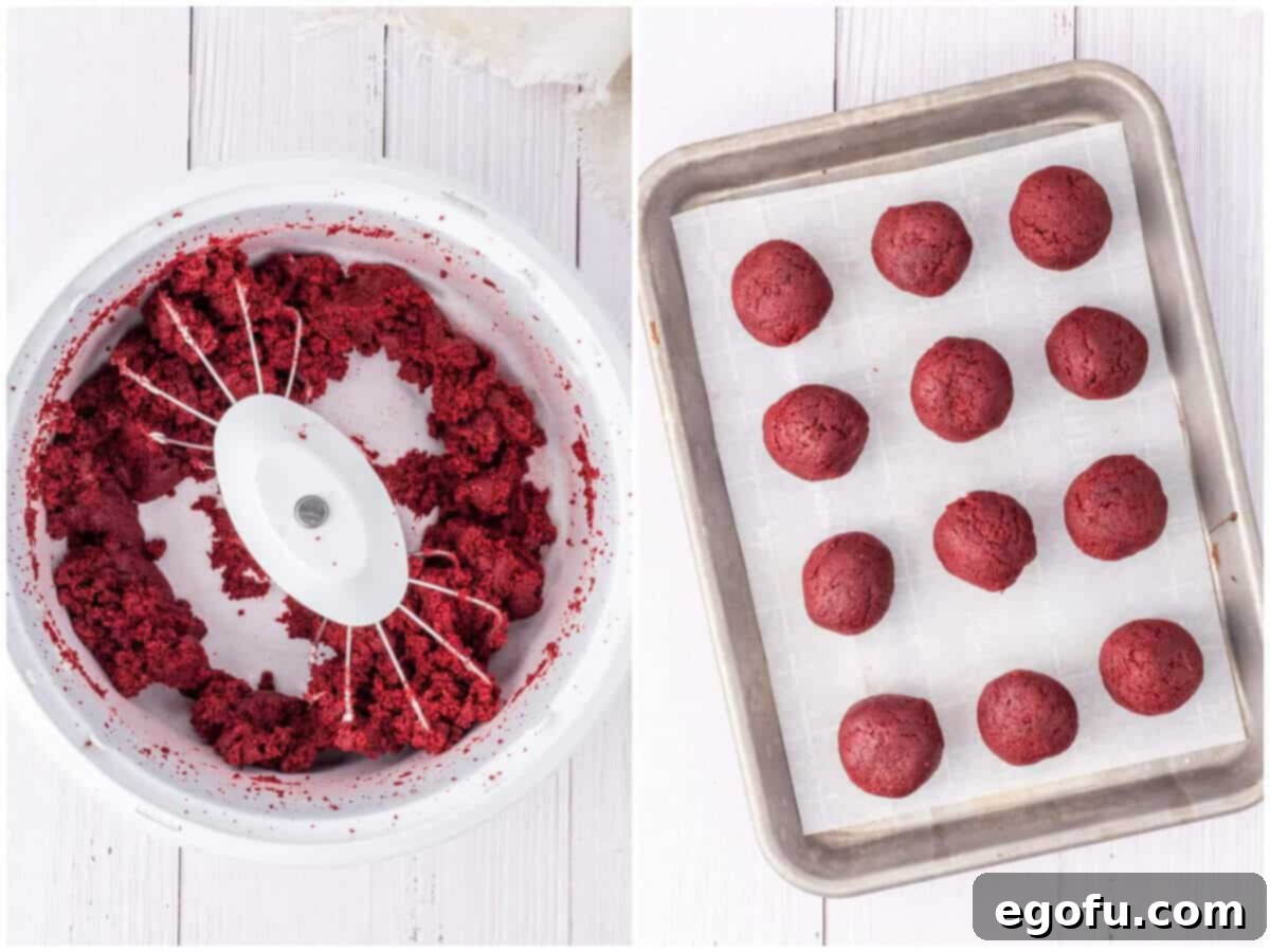 collage of two photos: red velvet cake crumbles and cream cheese frosting being mixed in a stand mixer; red velvet cake balls put onto a parchment paper lined baking sheet. 