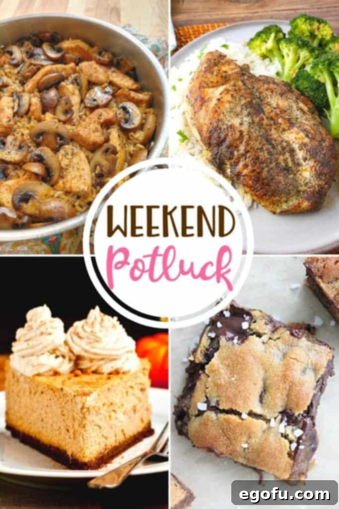 A vibrant collage featuring the most popular and attention-grabbing recipes from the Weekend Potluck: Salted Caramel Chocolate Chip Bars, Texas Roadhouse Chicken, The Best Pumpkin Cheesecake, and Chicken and Mushroom Rice. Perfect for home cooking inspiration.