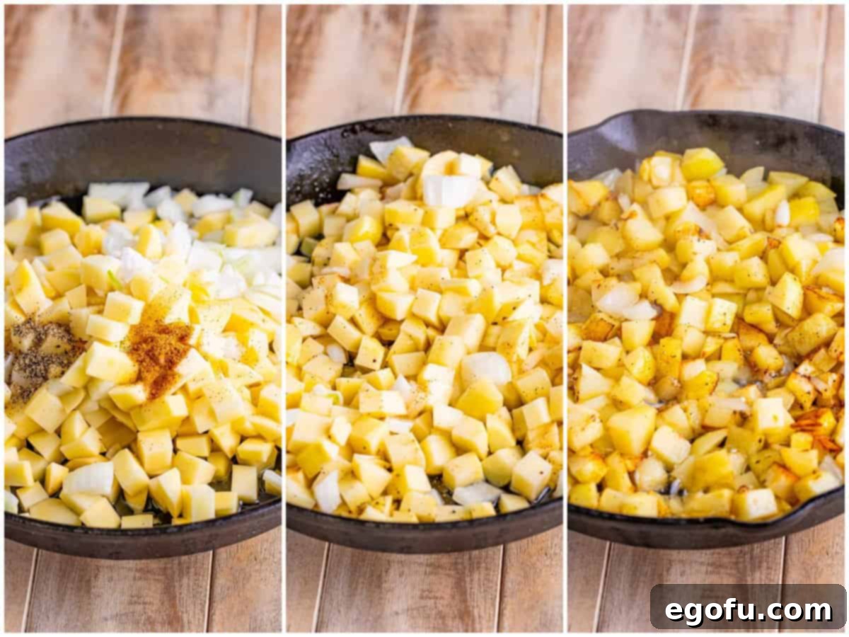 collage of three photos: A cast iron skillet with bacon grease, potatoes, onion, pepper, creole seasoning, and salt; potatoes stirred to coat in grease; potatoes starting to brown. 