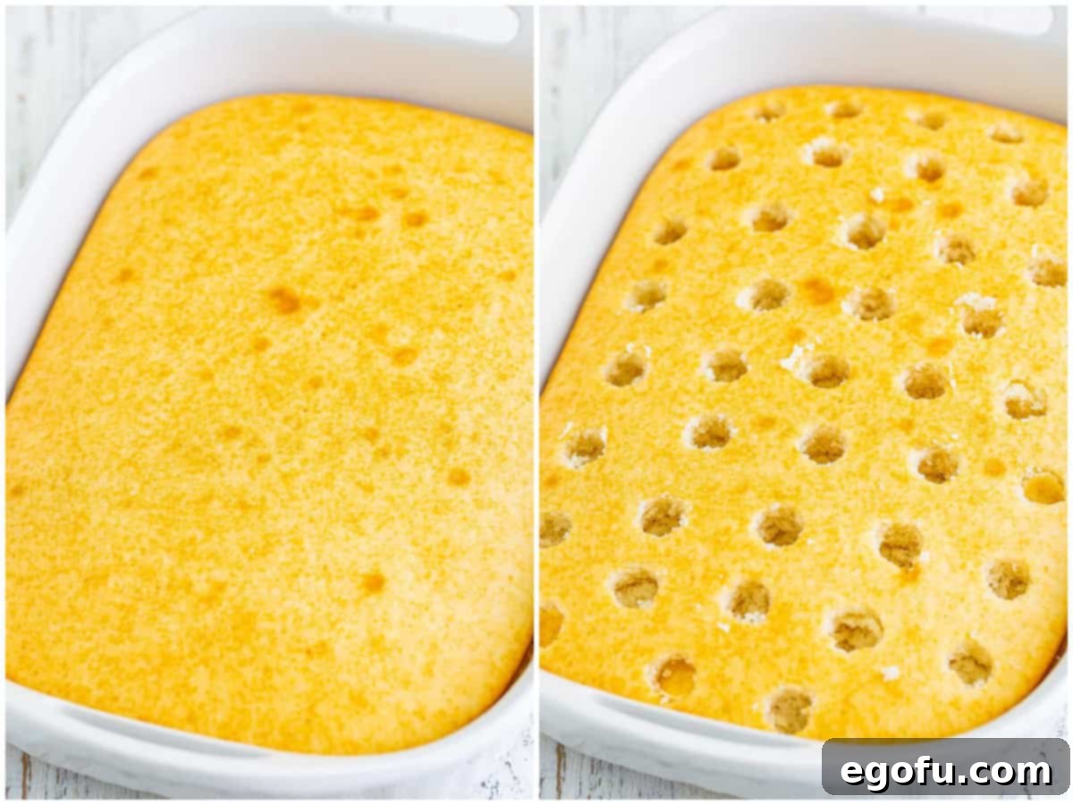 A collage of two photos. The first shows a freshly baked white cake in a 9x13 inch baking dish. The second photo shows the cooled cake with numerous holes expertly poked into its surface, ready for Jell-O infusion.