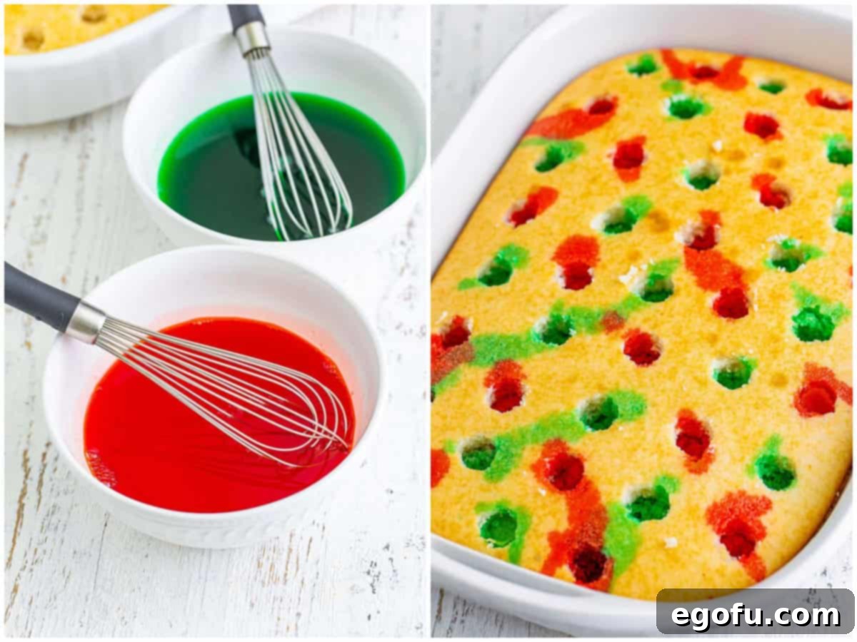 A collage of two photos. The first shows two bowls filled with vibrant red and green Jell-O mixtures, each with a whisk. The second photo displays a white cake in a baking dish with numerous holes, expertly filled with alternating red and green Jell-O, creating a festive pattern.