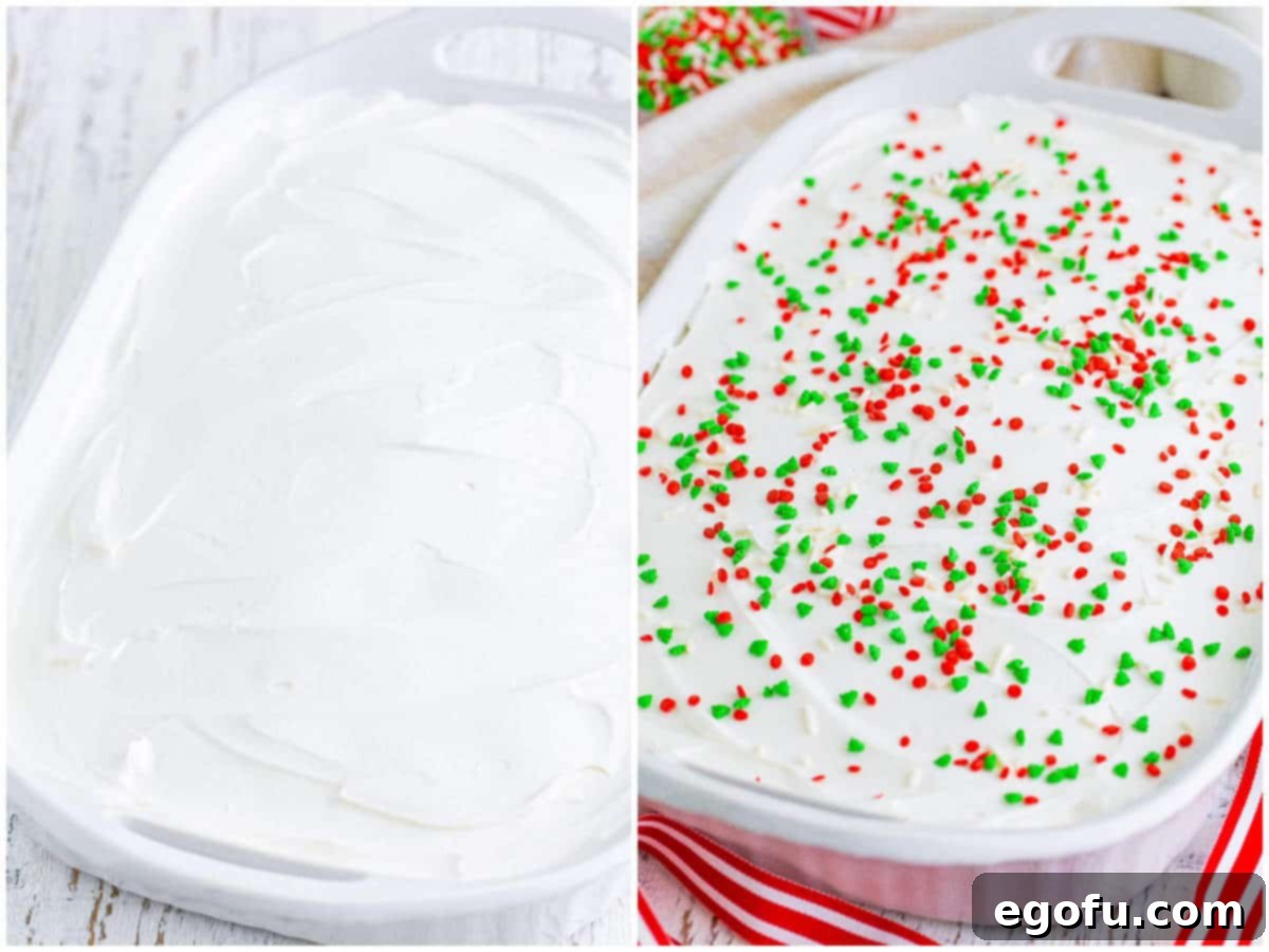 A collage of two photos. The first shows a cake generously covered with smooth, white whipped topping, ready for chilling. The second photo features the finished cake, beautifully adorned with a vibrant mix of red, green, and white Christmas sprinkles, ready to be served.
