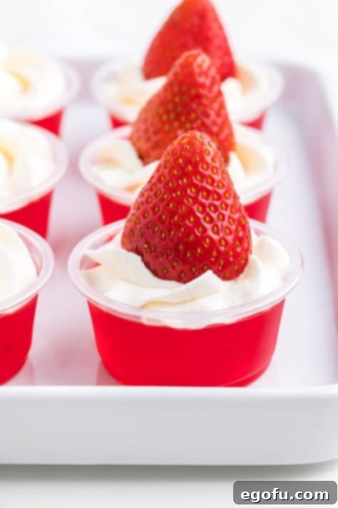 Spirited Santa Hat Shooters 14 A strawberry on top of whipped cream on top of jello shots.