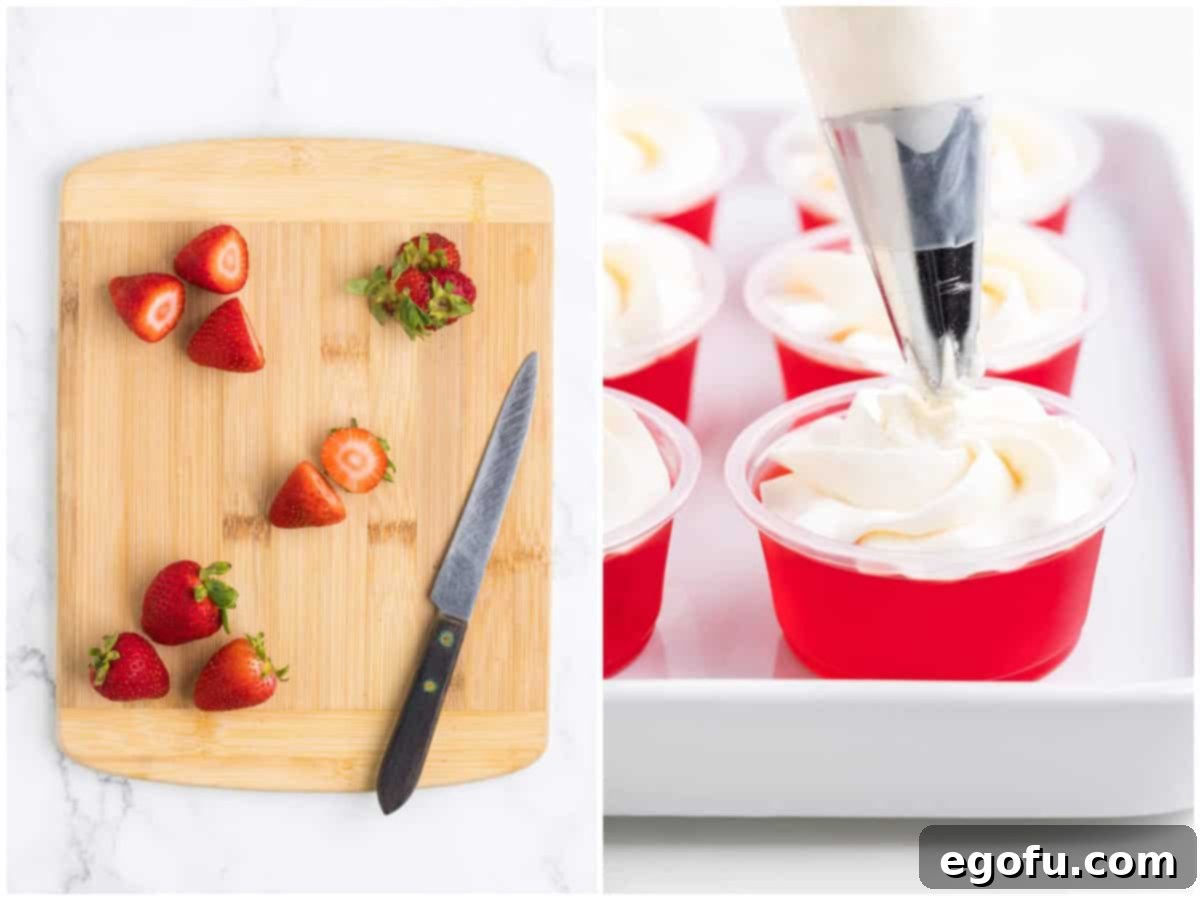 Spirited Santa Hat Shooters 6 collage of two photos: sliced strawberries on a cutting board; a piping bag piping whipped cream on a Jell-O shot.