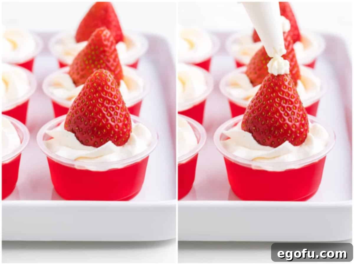 Spirited Santa Hat Shooters 7 collage of two photos: strawberry placed on top of whipped cream; piping bag piping whipped cream to the pointed end of the strawberry.