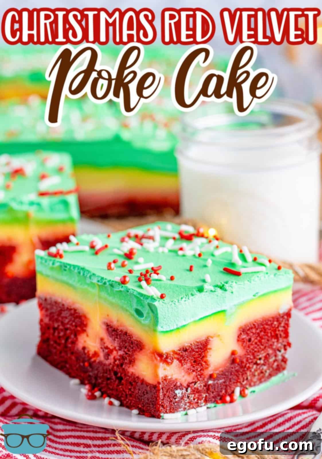 Some Christmas Red Velvet Jello Poke Cake on a plate.