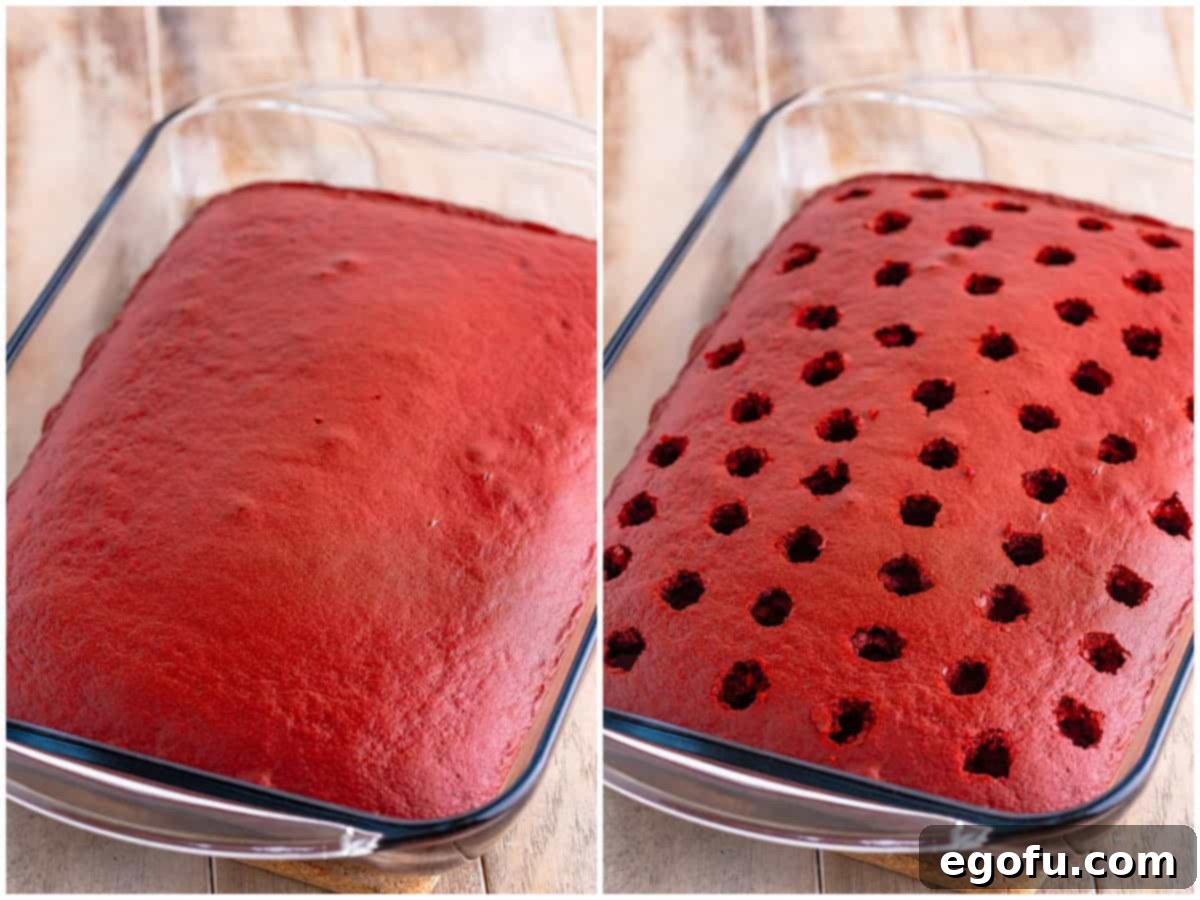 collage of two photos: baked red velvet cake in baking dish; holes poked into red velvet cake. 