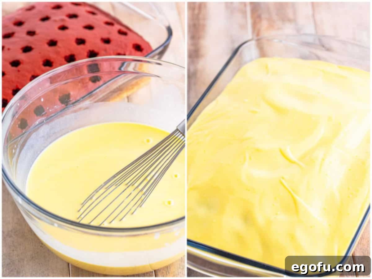 collage of two photos: mixing pudding and milk in a bowl; spreading pudding on top of red velvet cake. 