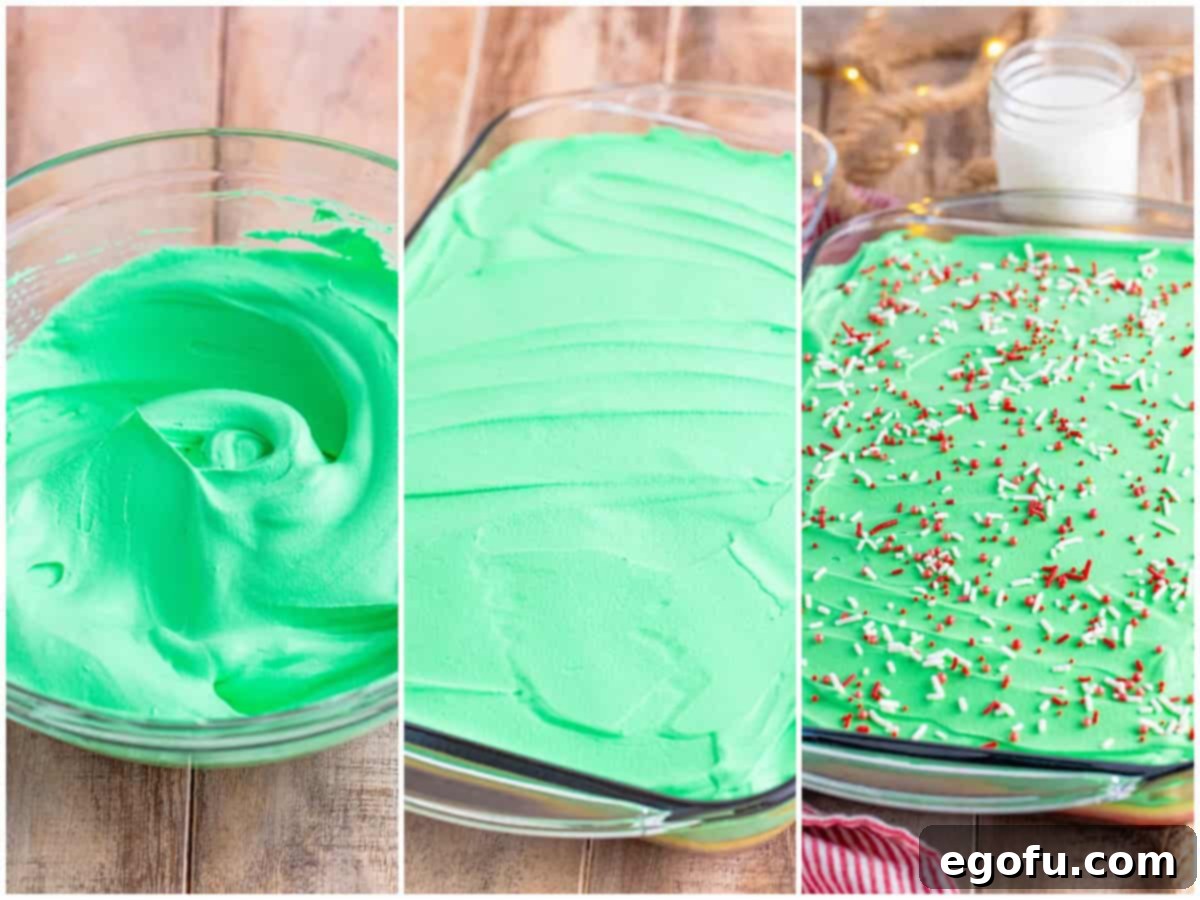 collage of three photos: green food coloring mixed in with whipped topping; green whipped topping spread on top of red velvet cake; red and white sprinkles on top of finished cake. 