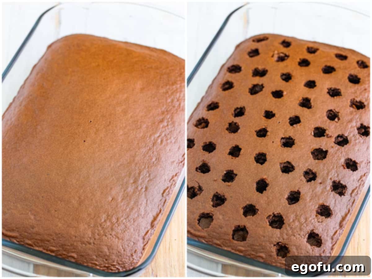 A collage of two photos: on the left, a fully baked chocolate cake in a baking dish; on the right, the chocolate cake with holes already poked into its surface.