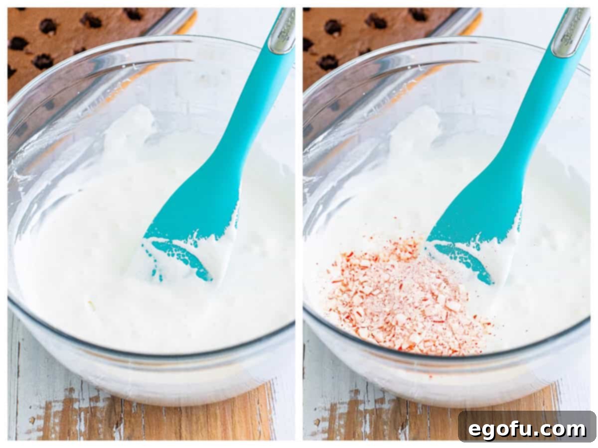 A collage of two photos: on the left, marshmallow fluff and milk are shown in a bowl; on the right, crushed peppermints have been added to the marshmallow fluff mixture and are being stirred in.