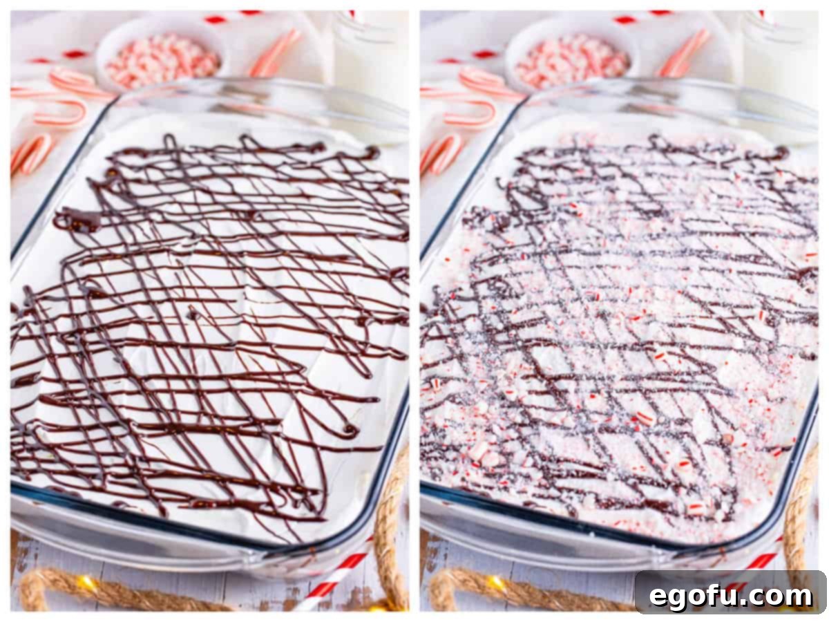 A collage of two photos: on the left, chocolate sauce being drizzled artistically on top of the cake; on the right, crushed peppermints being sprinkled generously over the chocolate-drizzled cake.