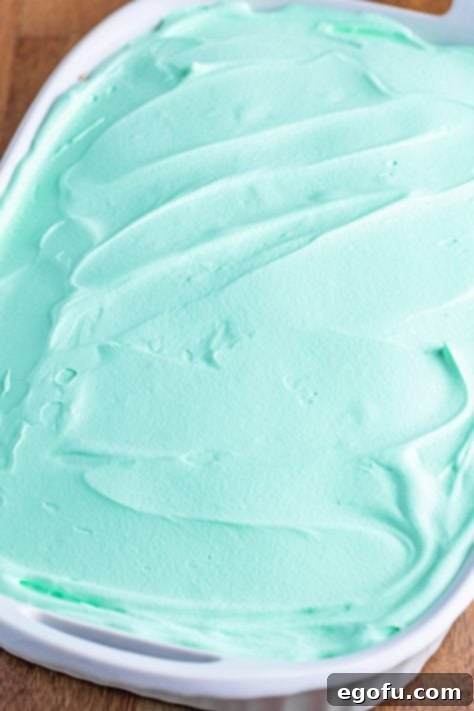 Peppermint Patty Poke Cake 15 Mint whipped topping on a chocolate mint poke cake.