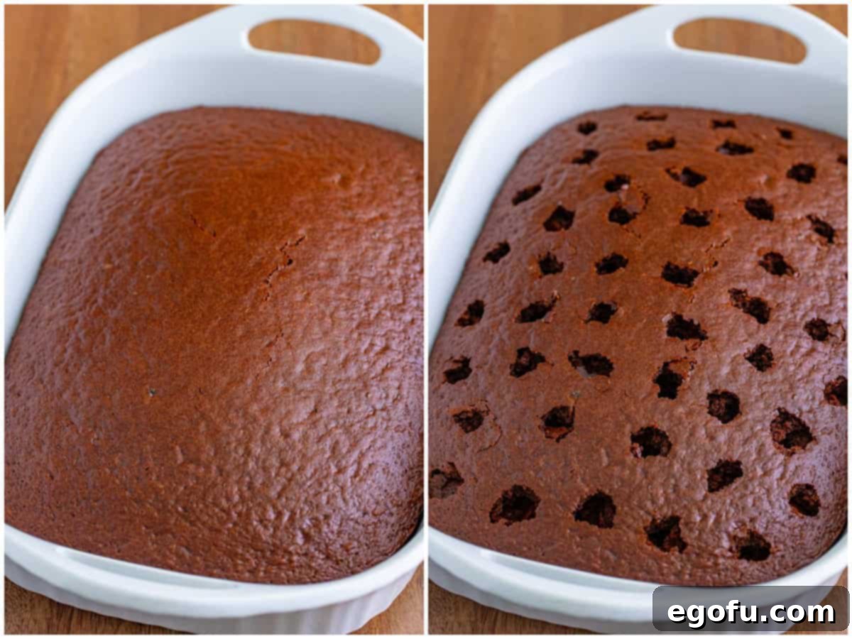 Peppermint Patty Poke Cake 4 A two-part image showing the process: A freshly baked chocolate cake in a baking dish, and then the same cake with holes strategically poked across its surface, ready for filling.