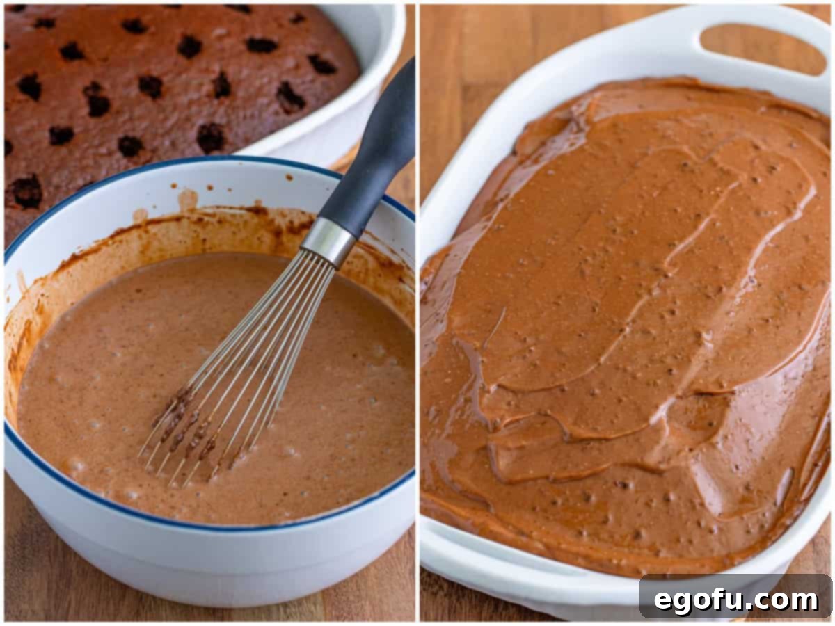 Peppermint Patty Poke Cake 5 A two-part image depicting the pudding preparation and application: Chocolate pudding and milk are whisked together in a bowl, followed by the chocolate pudding mixture being poured generously over the poked chocolate cake.
