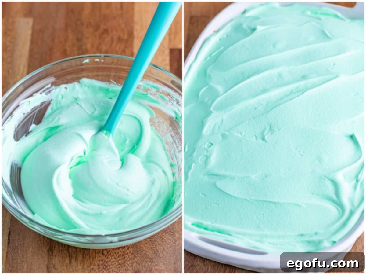 Peppermint Patty Poke Cake 6 A two-part image illustrating the topping process: Green food coloring and mint extract are mixed into whipped topping in a bowl, then the vibrant green whipped topping is evenly spread across the top of the cake.