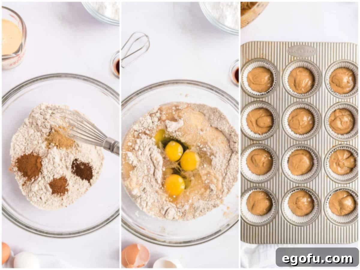 Cozy Gingerbread Cupcakes 5 A collage of three photos showing the gingerbread cupcake preparation process: cake mix with spices in a bowl; egg, molasses and oil added to the bowl; cupcake batter evenly divided into cupcake tin.