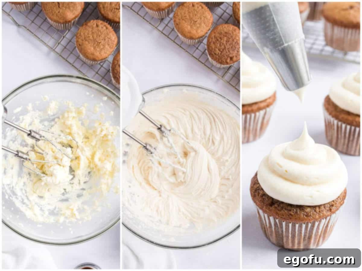 Cozy Gingerbread Cupcakes 6 A collage of three photos showing the cream cheese frosting process: cream cheese and butter being mixed in a bowl; powdered sugar and eggnog added to bowl; piping frosting onto gingerbread cupcake.