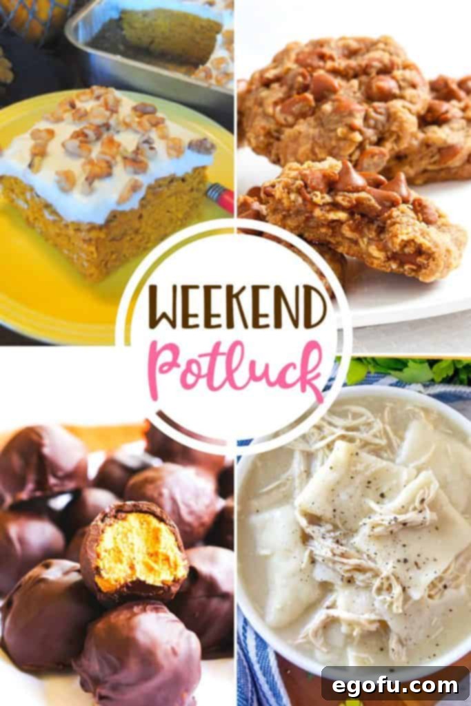 A vibrant display of fall-themed desserts featuring Frosted Pumpkin Walnut Snack Cake, Chewy Pumpkin Oatmeal Cookies, Pumpkin Pie Truffles, and hearty Old-Fashioned Chicken and Dumplings, perfect for a cozy autumn gathering.