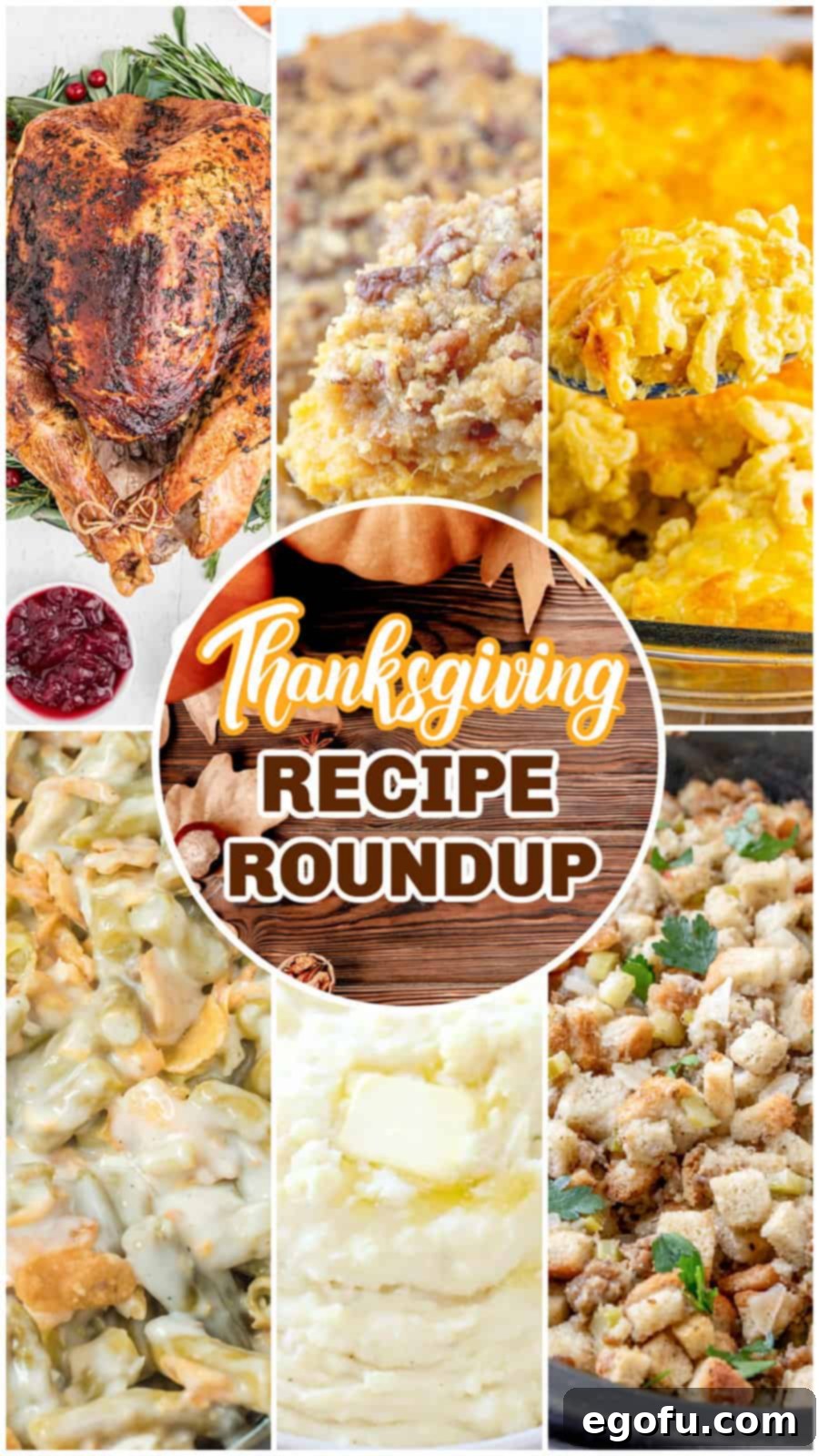 A Cornucopia of Thanksgiving Recipes 2 A festive collage showcasing various Thanksgiving dishes, including turkey, pies, and side dishes, with the text "Thanksgiving Recipe Roundup" centered.