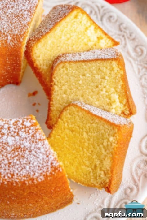 A few slices of Southern Pound Cake on a cake plate.
