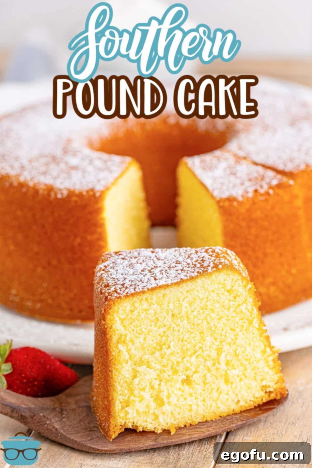 A large Southern Pound Cake on a serving platter with one slice cut and resting in front of it.