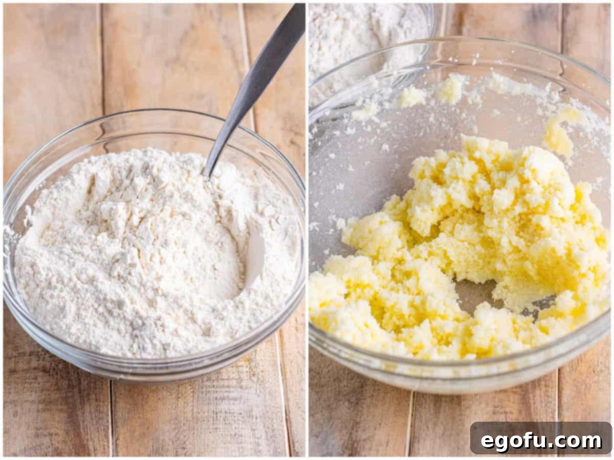 A collage of two photos: on the left, flour and baking powder are mixed in a bowl; on the right, butter and sugar are creamed together until light and fluffy in a stand mixer.