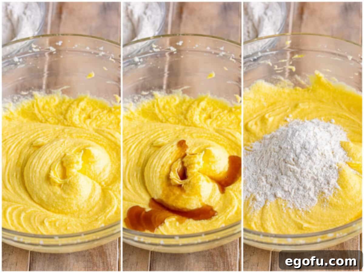 A collage of three photos: eggs being mixed into the butter and sugar batter; vanilla extract being poured into the batter; and a spoonful of flour being added to the cake batter.