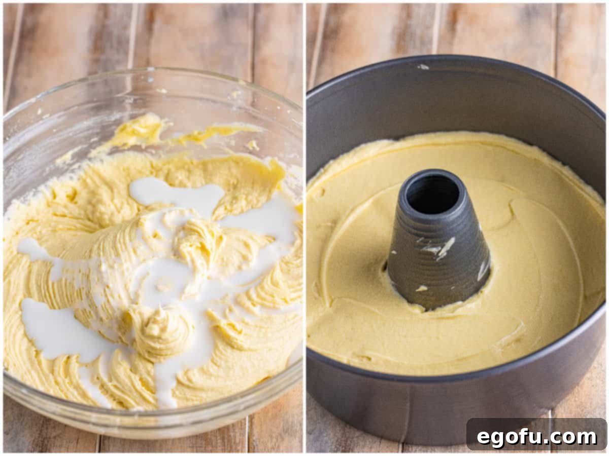 A collage of two photos: milk being added to cake batter in a mixing bowl; pound cake batter smoothly spread into an angel food cake pan, ready for baking.