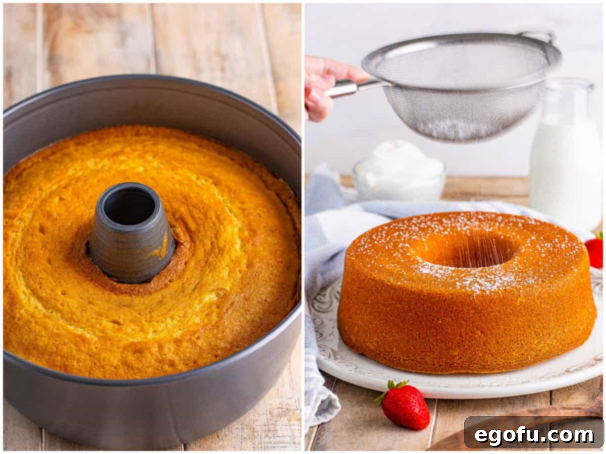 A collage of two photos: a fully baked Southern Pound Cake cooling in its pan; and powdered sugar being delicately sprinkled over the cooled cake on a beautiful serving platter.