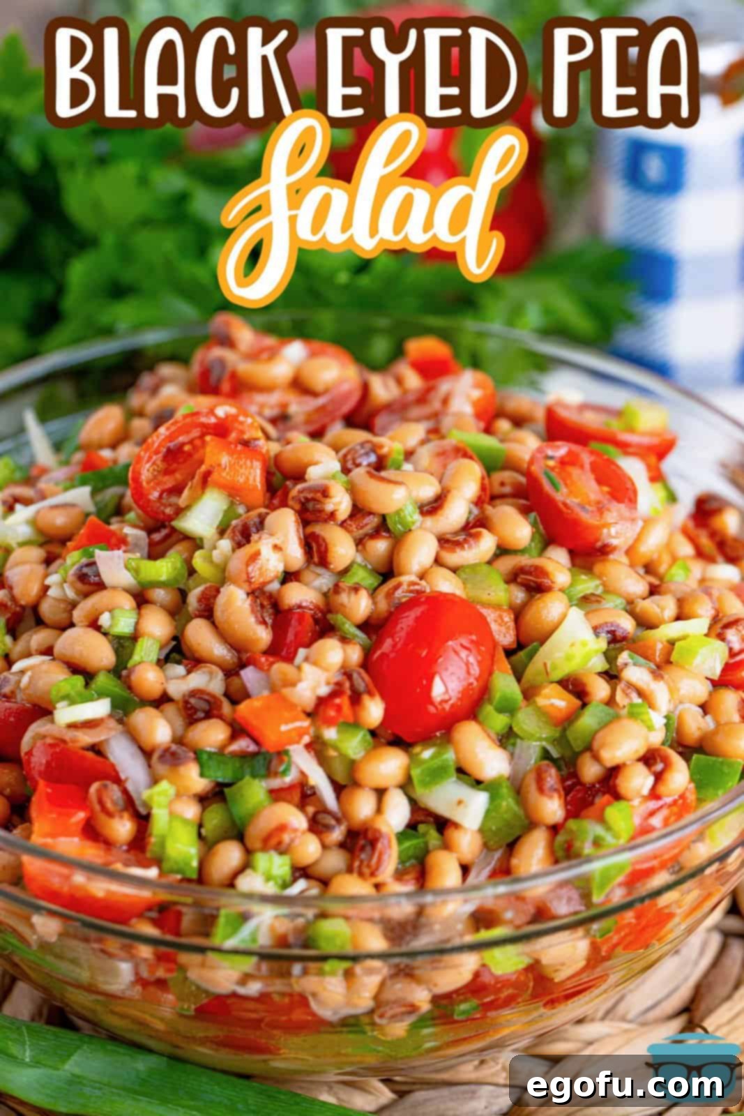 Zesty Black Eyed Pea Salad 3 A large bowl filled with homemade Black Eyed Pea Salad, ready to be served.