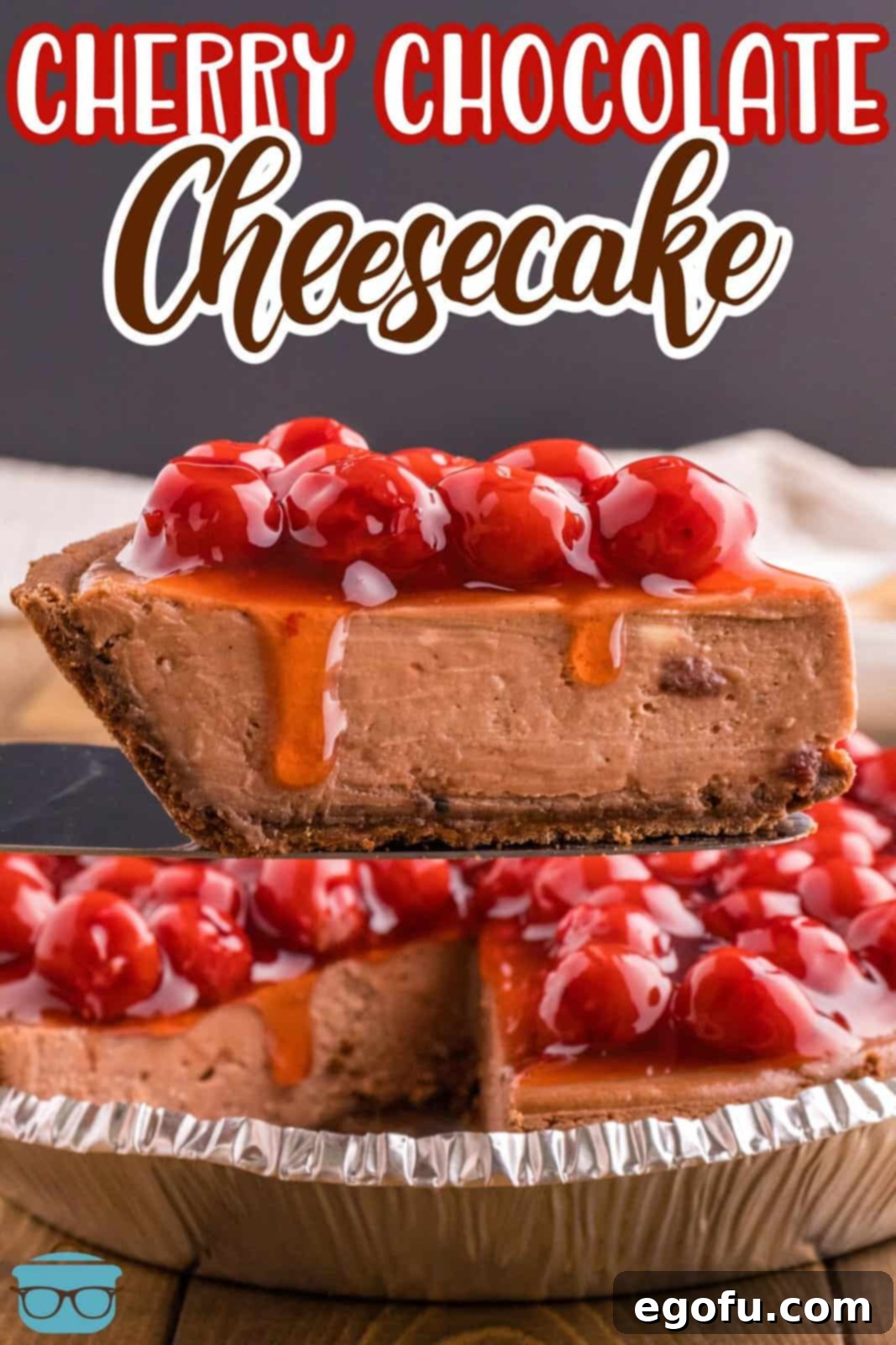 Decadent Cherry Chocolate Cheesecake 3 Close up looking at a slice of Cherry Chocolate Cheesecake, showcasing its smooth texture.