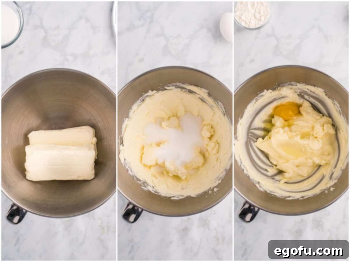 Decadent Cherry Chocolate Cheesecake 5 A collage showing cream cheese being beaten, sugar added, and eggs incorporated.