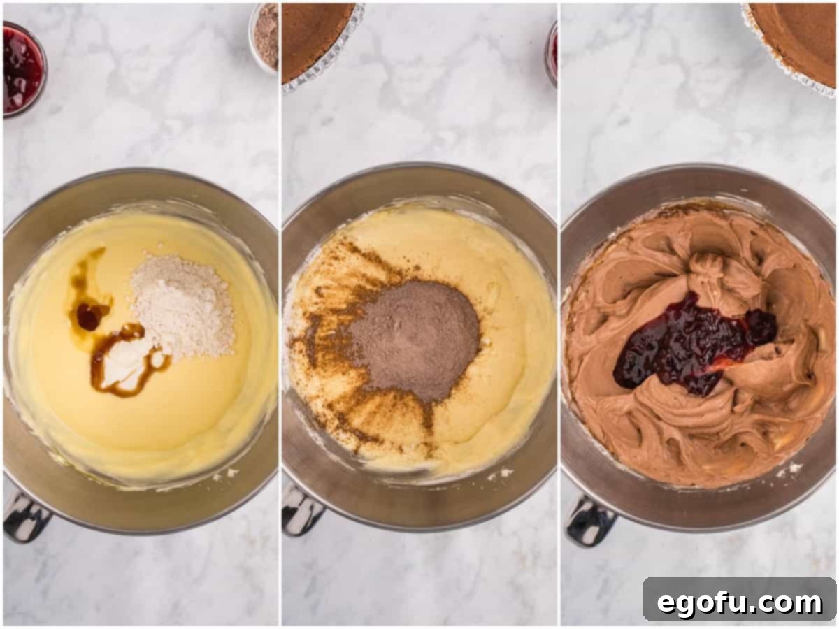 Decadent Cherry Chocolate Cheesecake 6 A collage demonstrating the addition of sour cream, flour, vanilla, chocolate pudding, and cherry preserves to the cheesecake mixture.