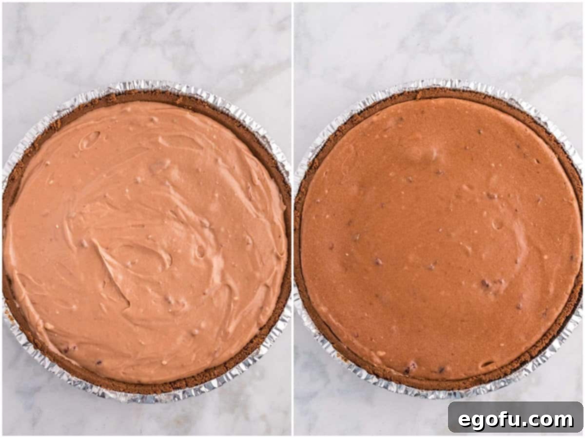 Decadent Cherry Chocolate Cheesecake 7 A collage showing the cheesecake batter being poured into the crust and the perfectly baked cheesecake.